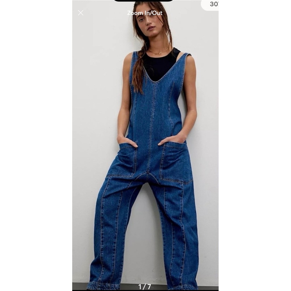 Free People High Roller‎ Denim Overalls Large Blue Boho Slouchy Harem Jumpsuit